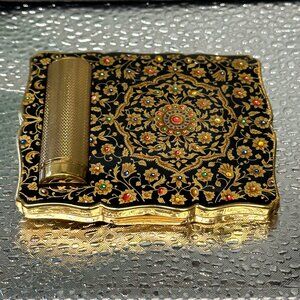 Stratton Powder Compact w Lipstick Holder & Mirror Black Enamel/Gold Tone NOS